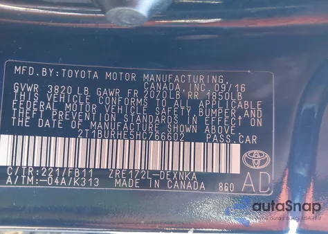 2017 Toyota Corolla Le из США, поврежденный, VIN 2T1BURHE5HC766602